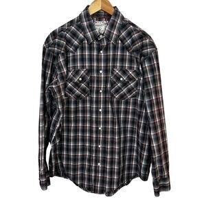 Panhandle Shirt Mens Large Rough Stock Long Sleeve Blue Plaid Pearl Snap Western